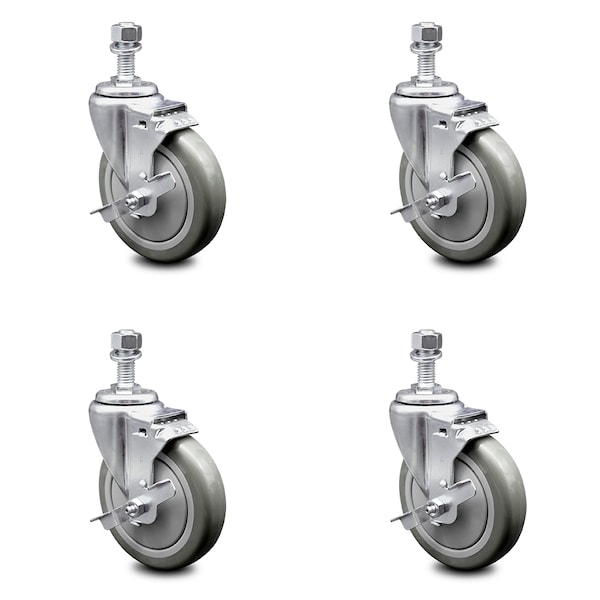 5 Inch Gray Polyurethane Swivel 12mm Threaded Stem Caster Set with Brake SCC
